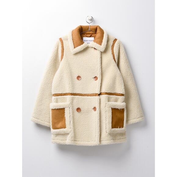 Ina Faux Shearling Suede Double Breasted Coat Jacket Cream Ivory Brown Pockets L - Picture 8 of 13
